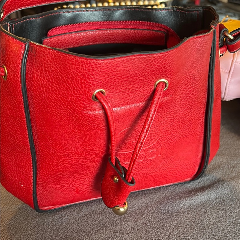 Red Leather Drawstring Bag